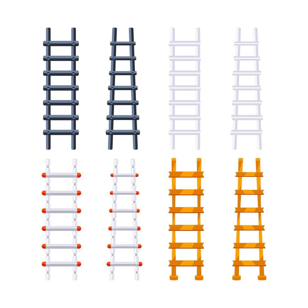 Wooden and metal Stairs or Step Ladders for housekeeping. Collection Ladders. vector