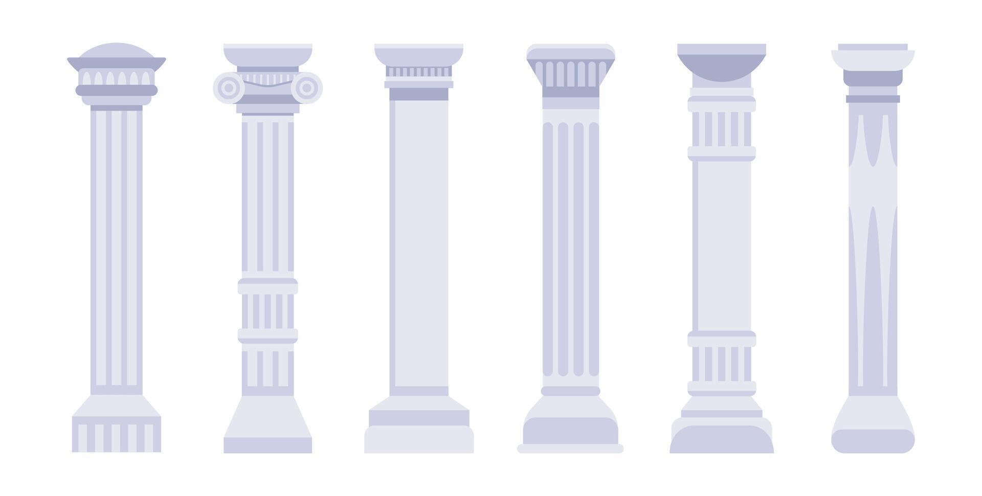 Marble antique columns and pillars of roman and greek architecture. Classic antique colonnade with carved stone vector