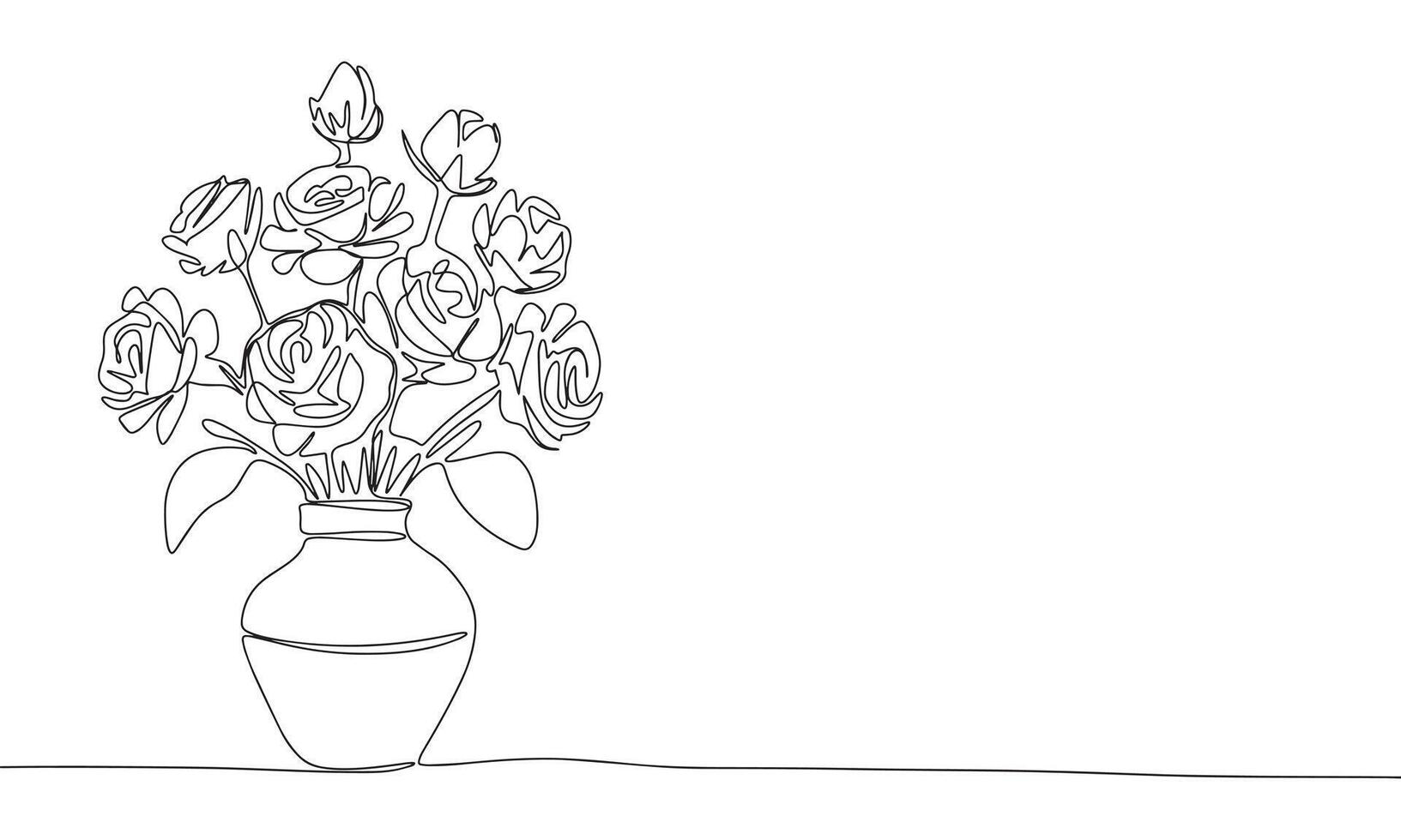 Roses in vase one line continuous. Line art bouquet of roses in vase. Hand drawn art. vector