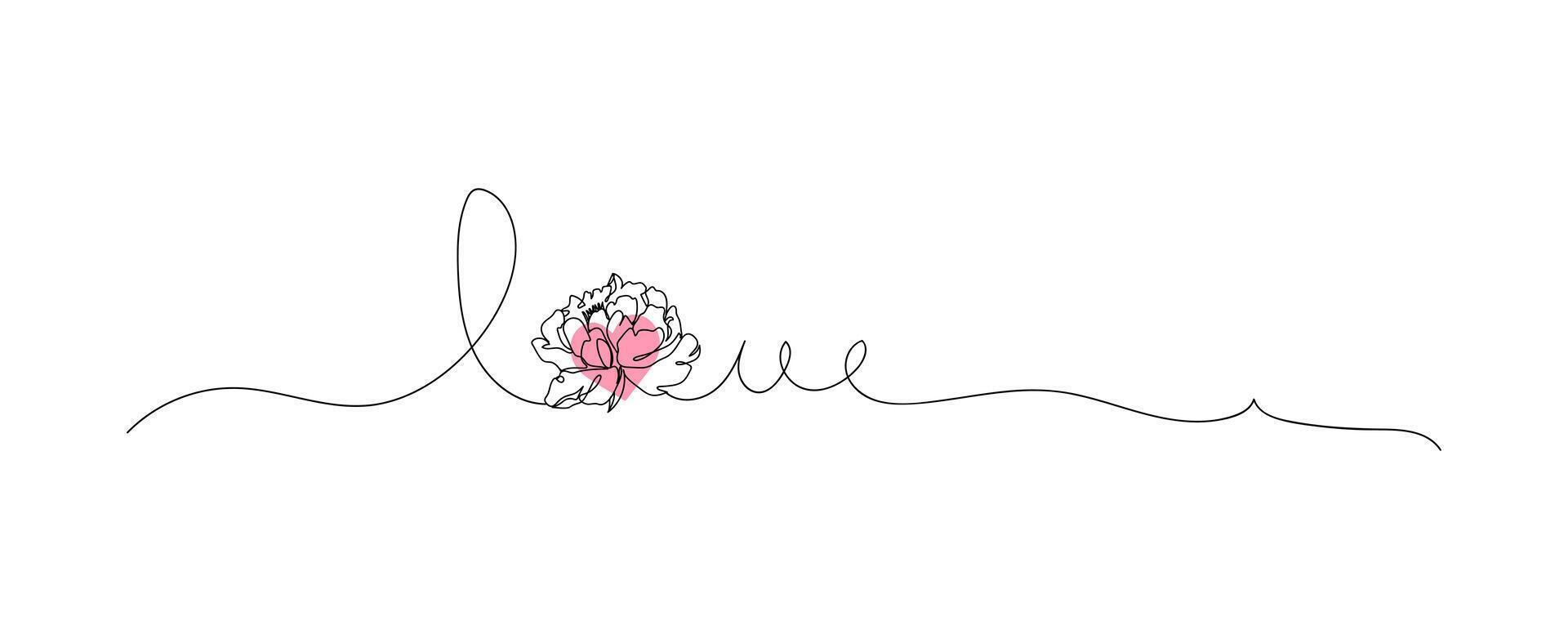 amor letra uno continuo línea Arte con flores, minimalista romántico línea dibujo para boda, enamorado, madres día ilustración vector