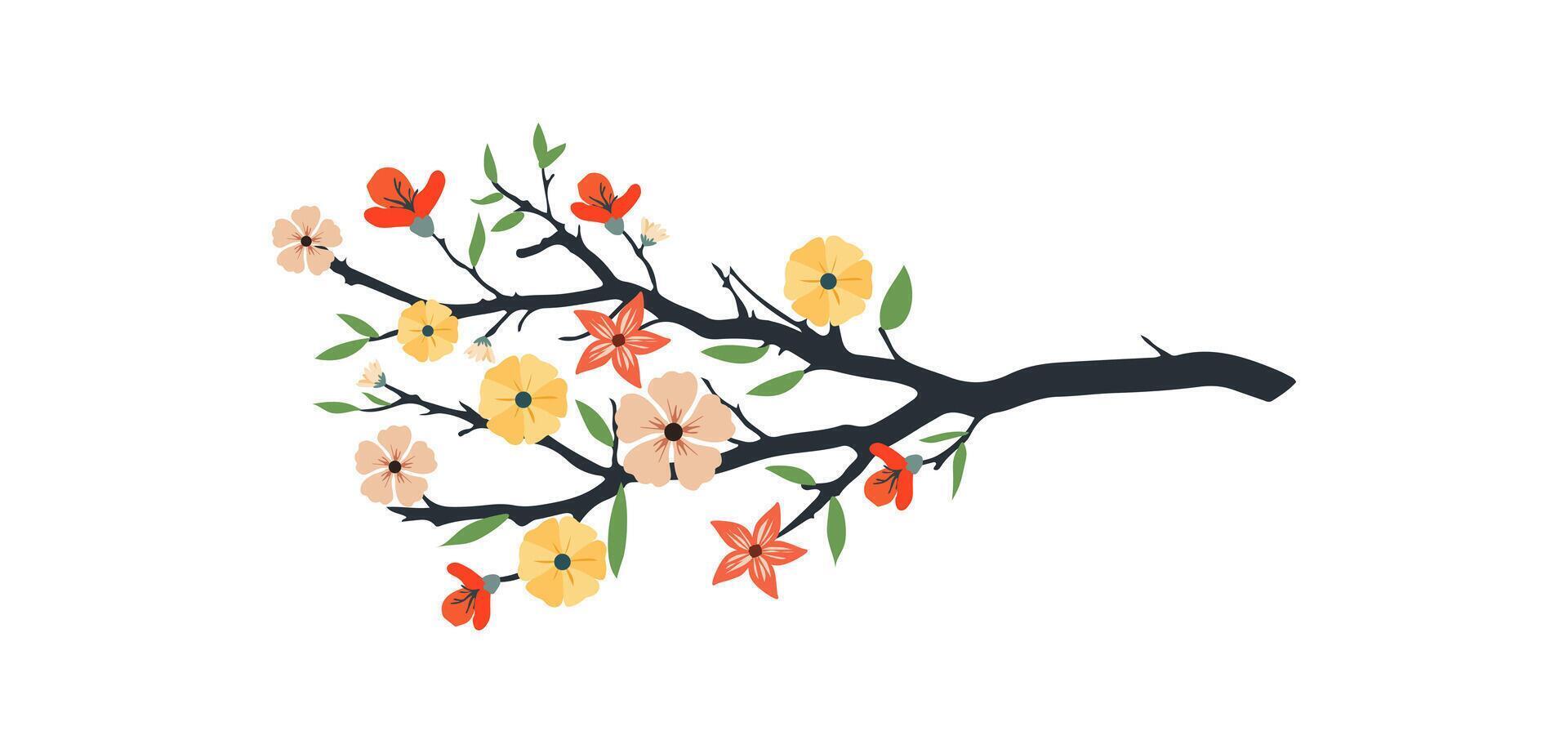 Spring flowers tree branch, blossom floral isolated on white background, garden leaves tree branch illustration vector