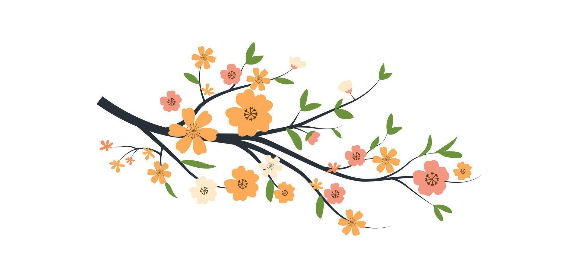 Spring flowers tree branch, blossom floral isolated on white background, garden leaves tree branch illustration vector