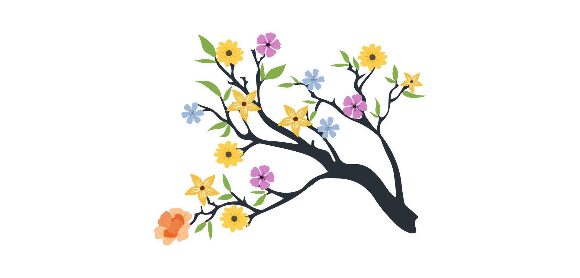 Spring flowers tree branch, blossom floral isolated on white background, garden leaves tree branch illustration vector