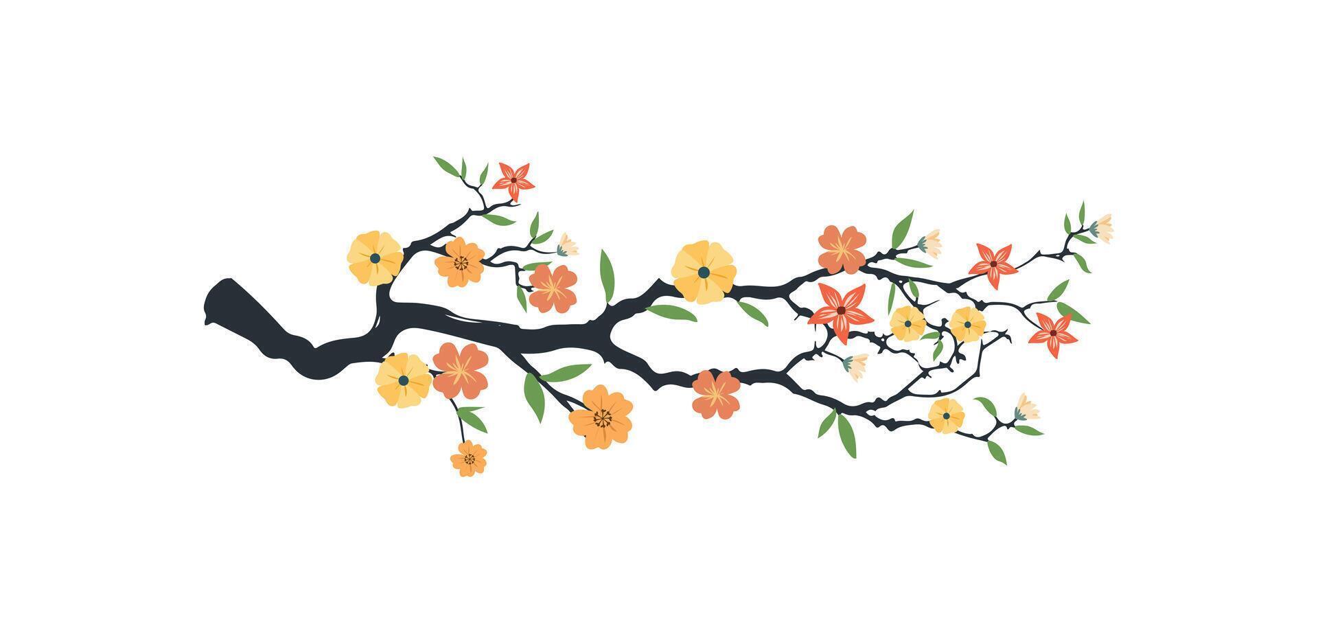 Spring flowers tree branch, blossom floral isolated on white background, garden leaves tree branch illustration vector
