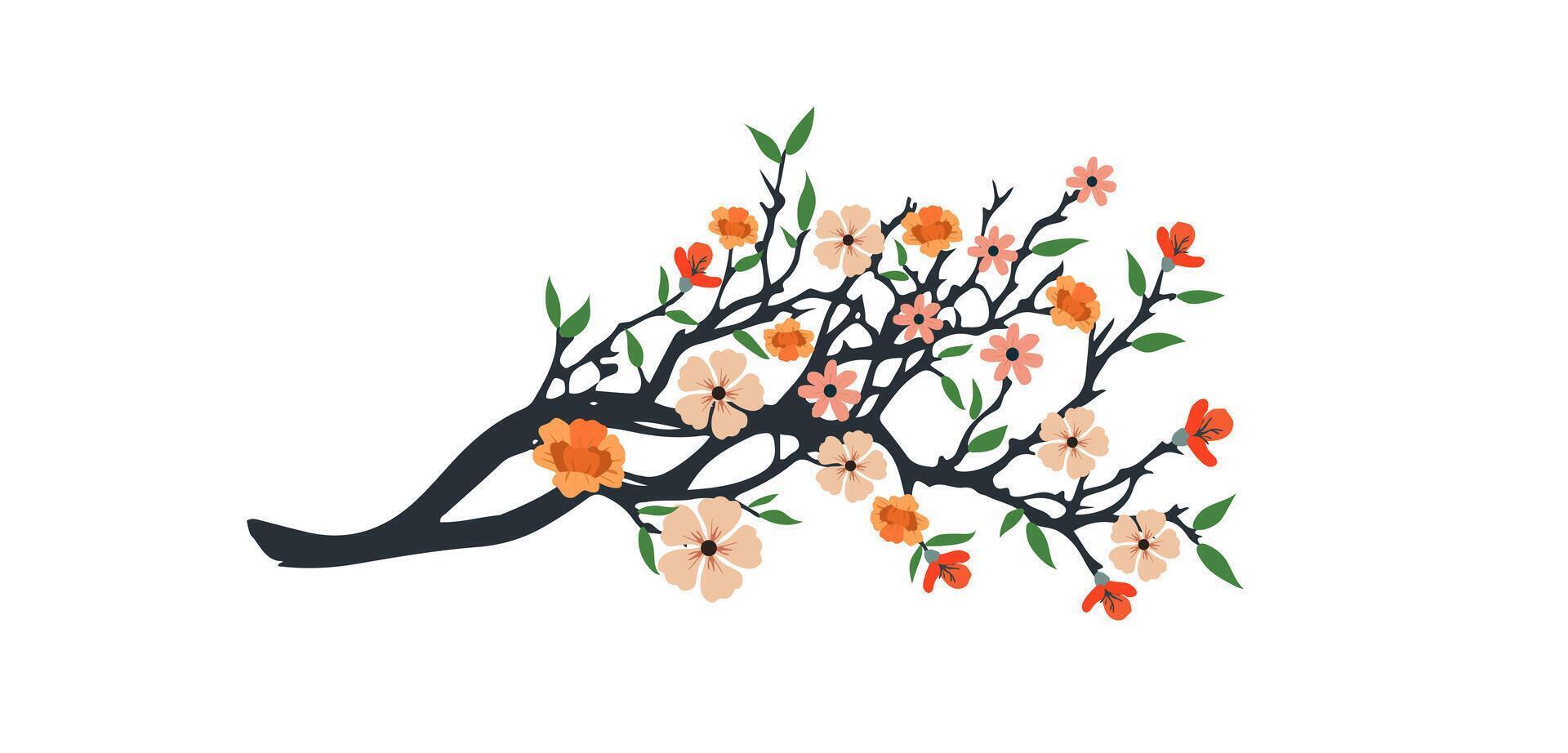 Spring flowers tree branch, blossom floral isolated on white background, garden leaves tree branch illustration vector