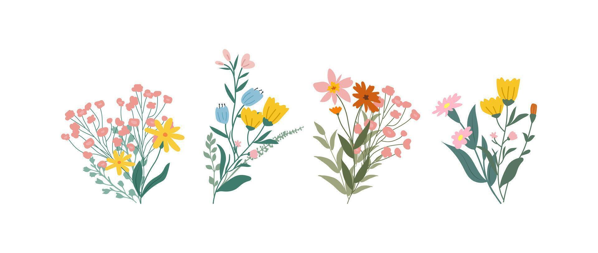 A collection of colorful spring flowers in soft colors, botanical species in flat design style, nature floral bloom decorative elements illustration vector