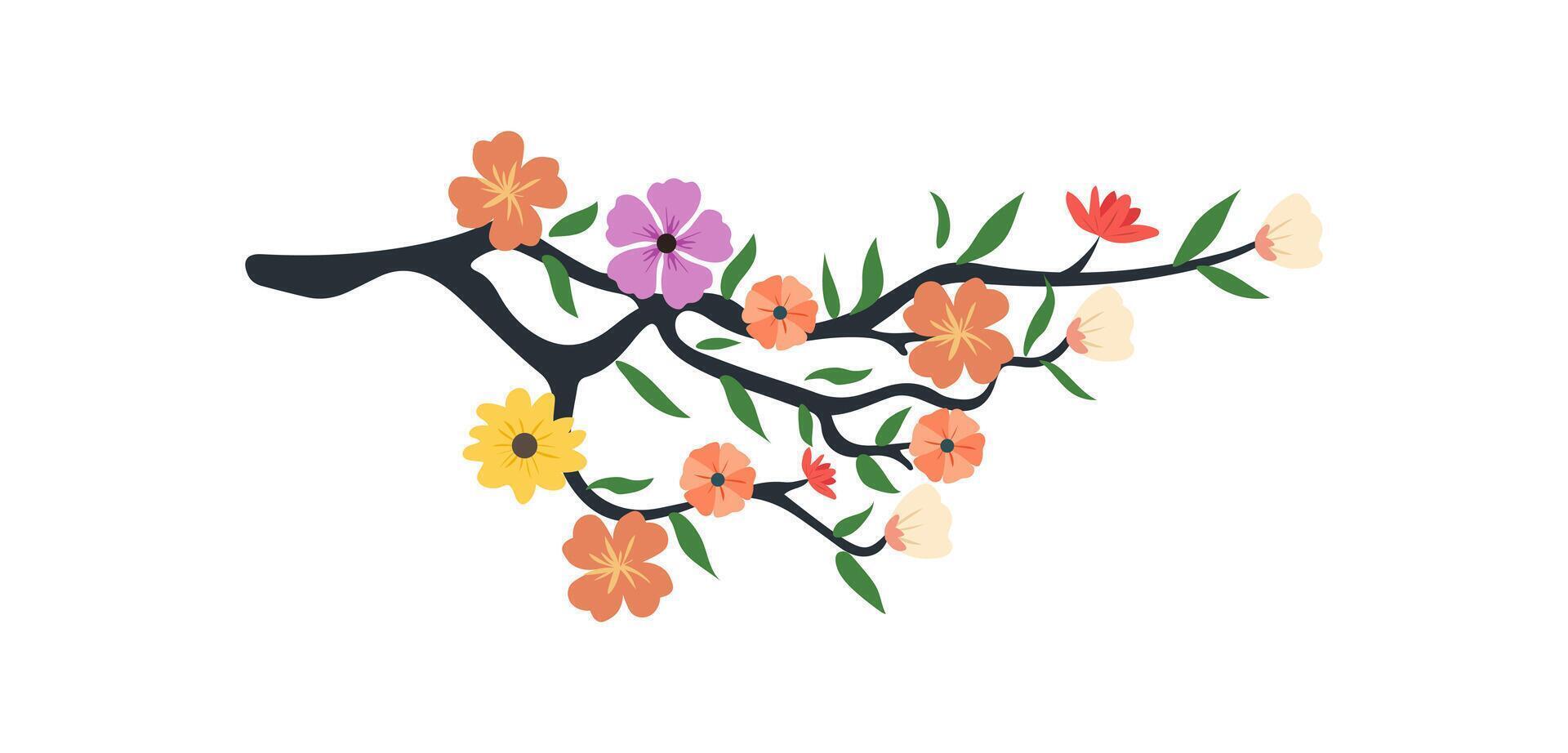 Spring flowers tree branch, blossom floral isolated on white background, garden leaves tree branch illustration vector