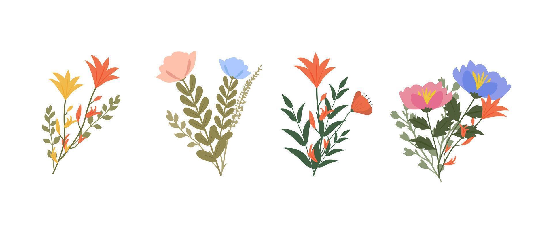 A collection of colorful spring flowers in soft colors, botanical species in flat design style, nature floral bloom decorative elements illustration vector