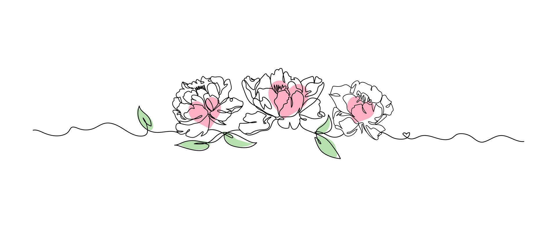 Peony flowers line art isolated on white, flower with heart continuous line hand drawn illustration vector