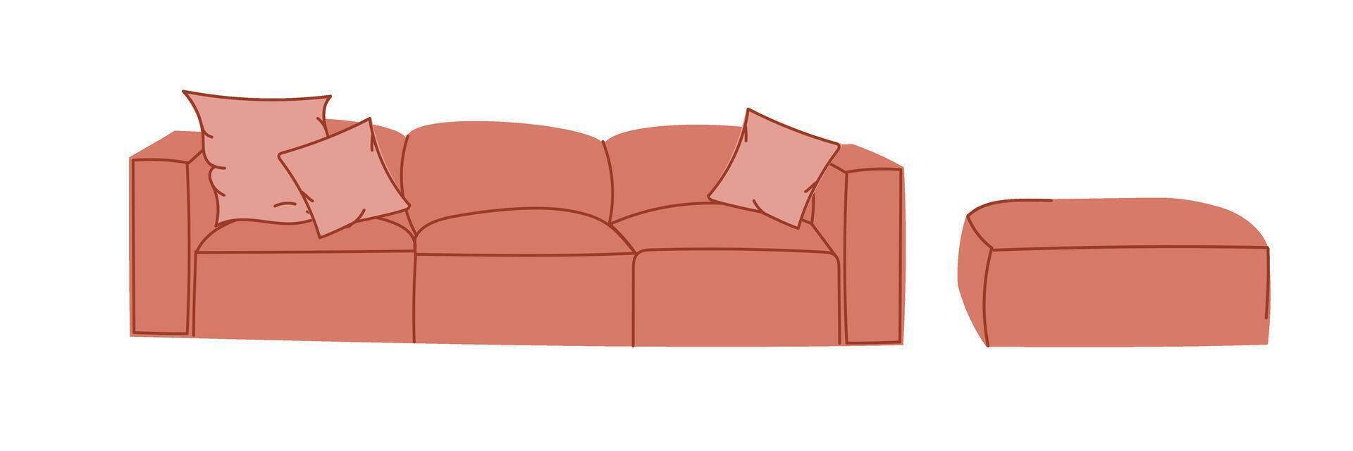 Fashionable pink sofa with retro style pillows. A modern collection of upholstered furniture. Flat illustration vector