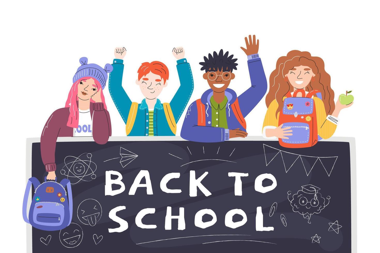 Back to school education concept. Group of cute diversity school students over chalkboard. Different smiling pupils isolated on white. School chalk doodle elements. Hand drawn flat illustration vector