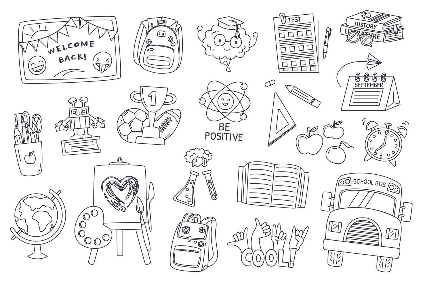 Cute school related outline drawings collection. Supplies and subjects line elements set. Education and learning concept design isolated on white background. Cool doodle hand drawn illustration vector