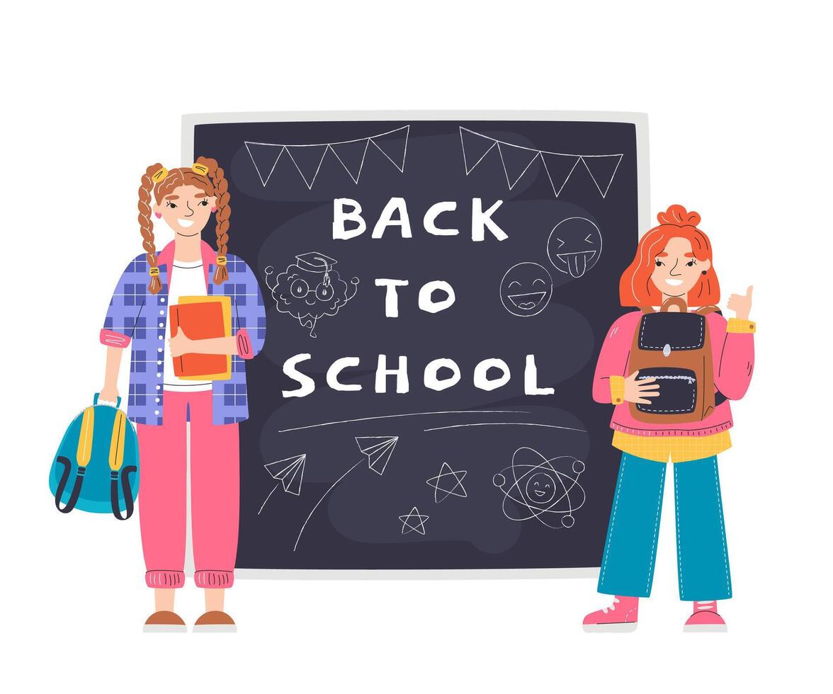 Back to school concept design with chalk doodles on chalkboard. Two girls holding backpacks isolated. Happy students starting new academic year. Schoolgirl friends hand drawn flat illustration vector