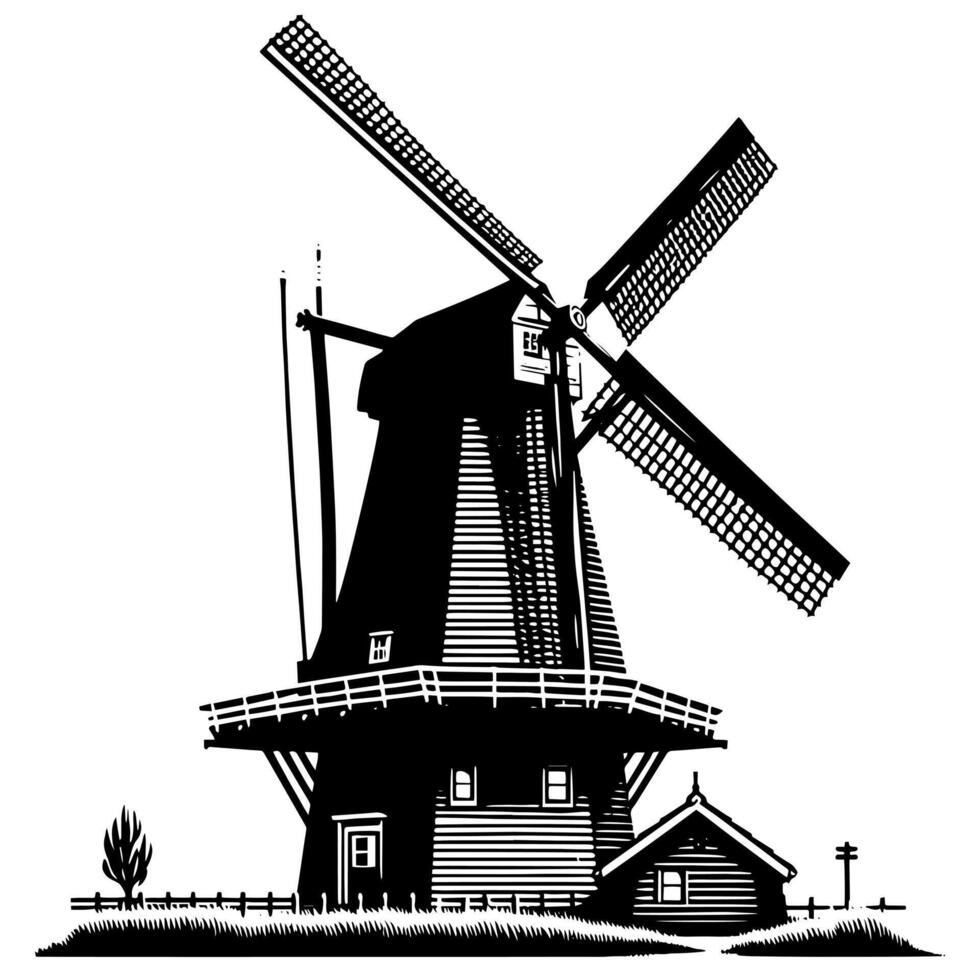 Black and White Illustration of a traditional old Windmill in Holland vector