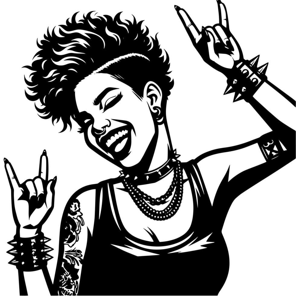 negro y blanco ilustración de un punk mujer es bailando y sacudida en un exitoso actitud vector