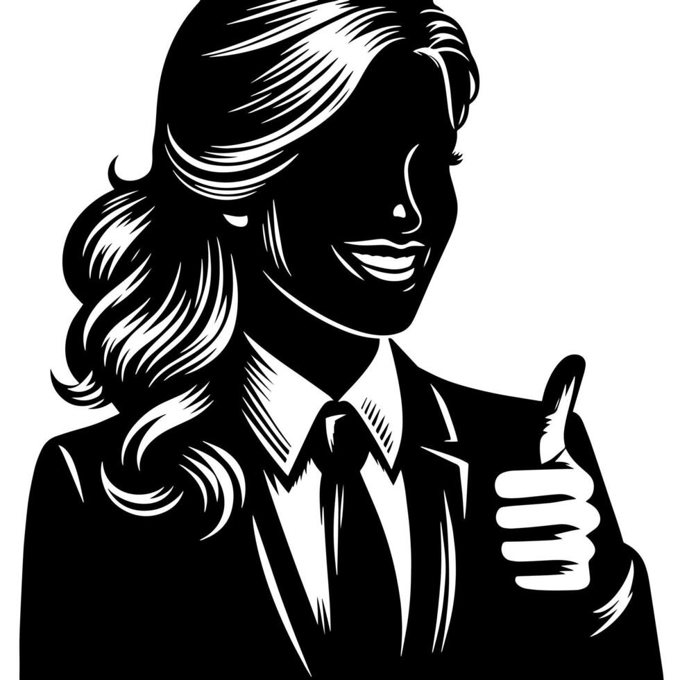 Black and White Illustration of a Woman in Business Suit is showing the Thumbs up Sign vector