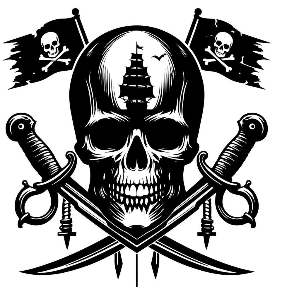 negro y blanco ilustración de pirata símbolo con espadas y sombrero vector