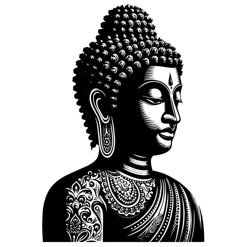 negro y blanco ilustración de un Buda estatua símbolo vector