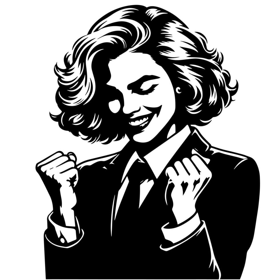 Black and White Illustration of a Woman in Business Suit is dancing and shaking in a Successful Pose vector