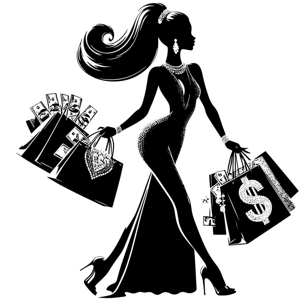 Black and white Illustration of a lucky luxurious Shopping Lady with Bags and Diamonds and Parfum vector