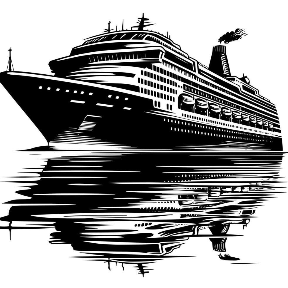 Black and White Illustration of a ocean liner at the sea vector