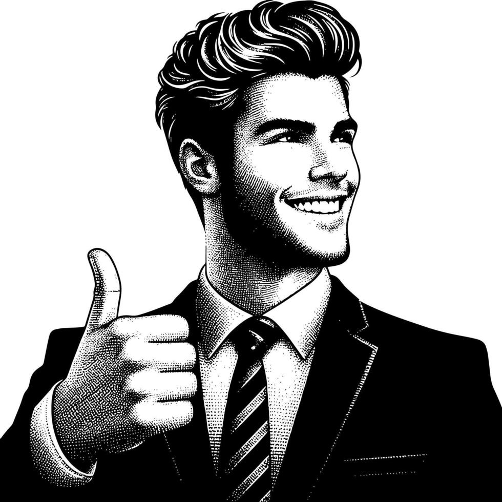 Black and White Illustration of a Man in Business Suit is showing the Thumbs up Sign vector