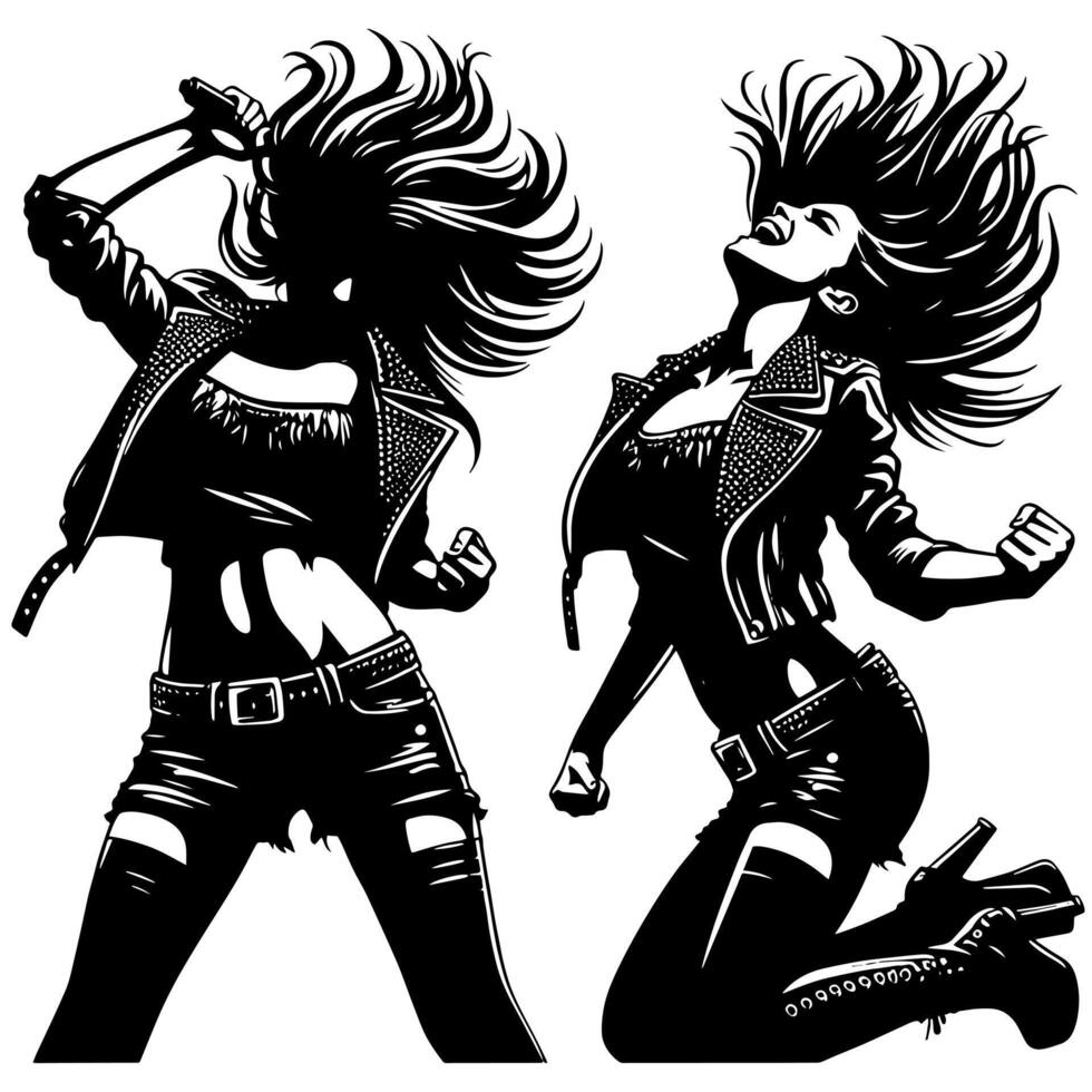 negro y blanco ilustración de un punk mujer es bailando y sacudida en un exitoso actitud vector