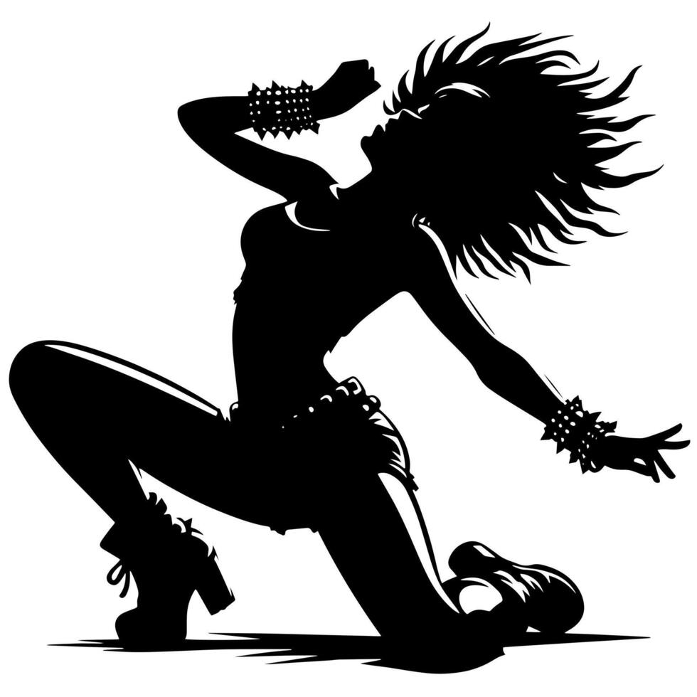 negro y blanco ilustración de un punk mujer es bailando y sacudida en un exitoso actitud vector