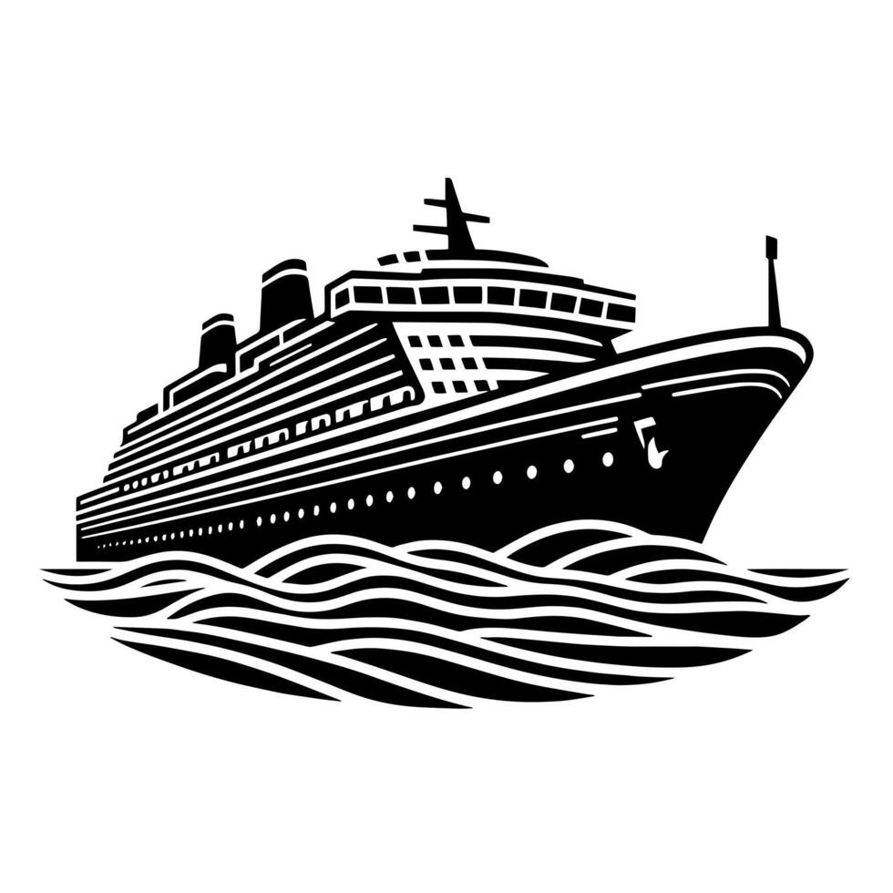 Black and White Illustration of a ocean liner at the sea vector