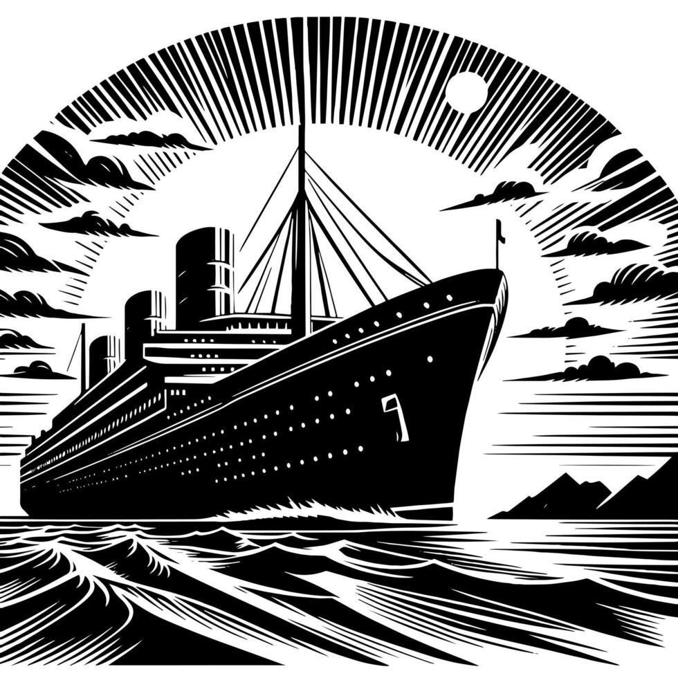 Black and White Illustration of a ocean liner at the sea vector