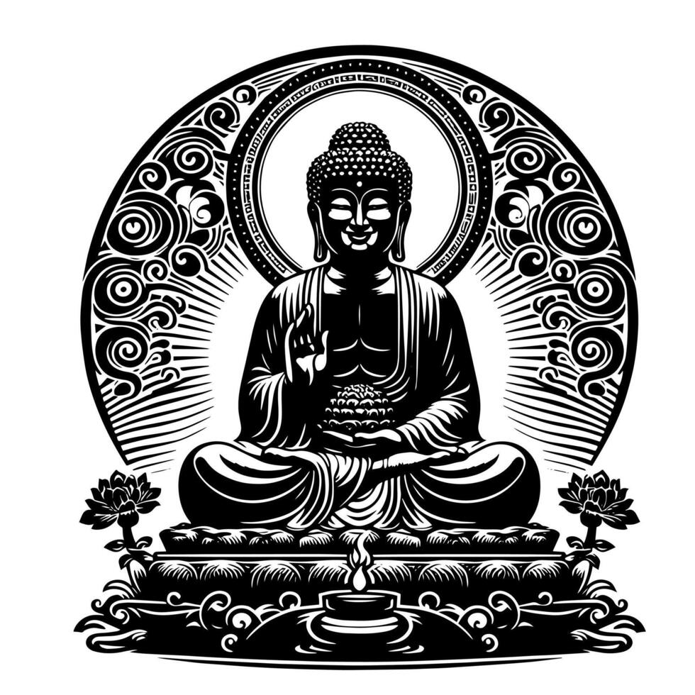 negro y blanco ilustración de un Buda estatua símbolo vector