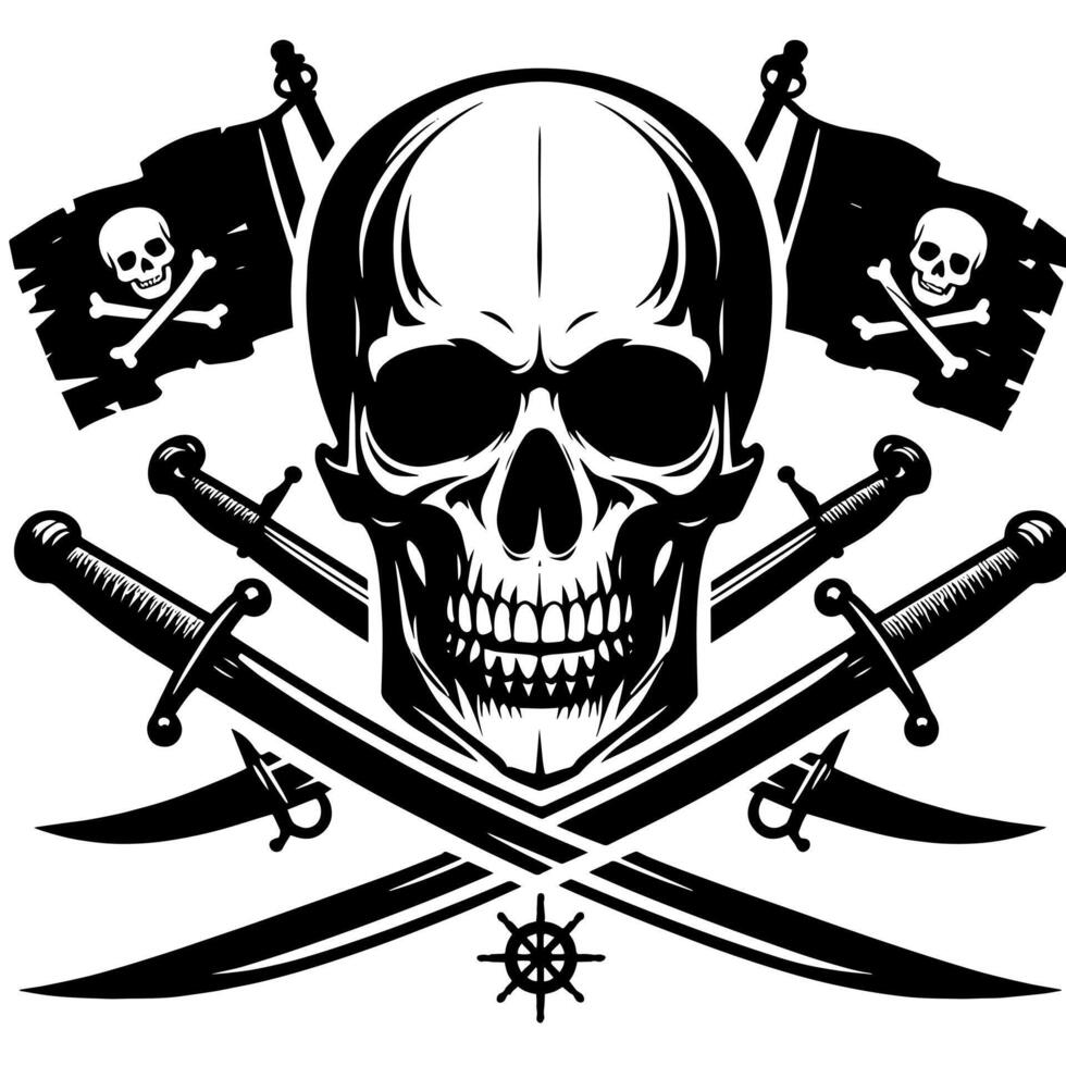 negro y blanco ilustración de pirata símbolo con espadas y sombrero vector