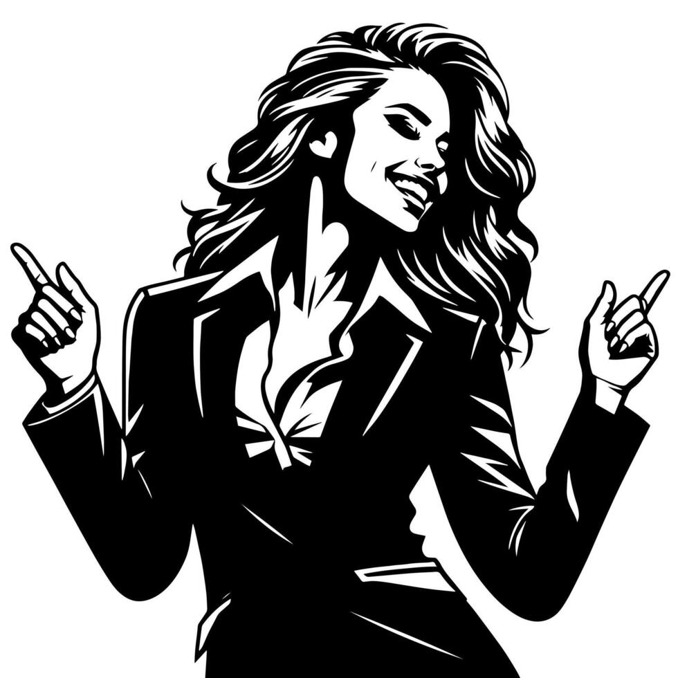 Black and White Illustration of a Woman in Business Suit is dancing and shaking in a Successful Pose vector