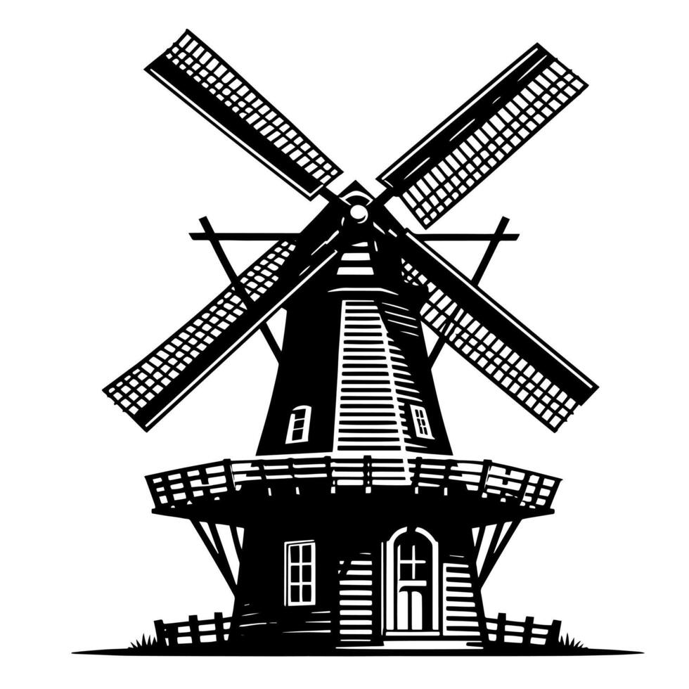 Black and White Illustration of a traditional old Windmill in Holland vector