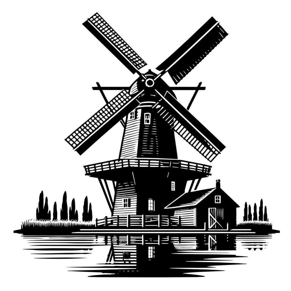 negro y blanco ilustración de un tradicional antiguo molino en Holanda vector