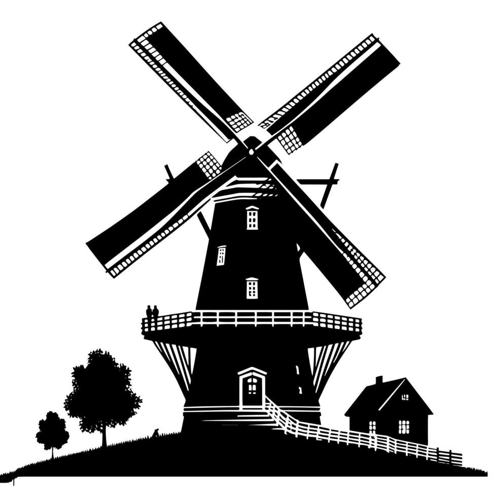 Black and White Illustration of a traditional old Windmill in Holland vector