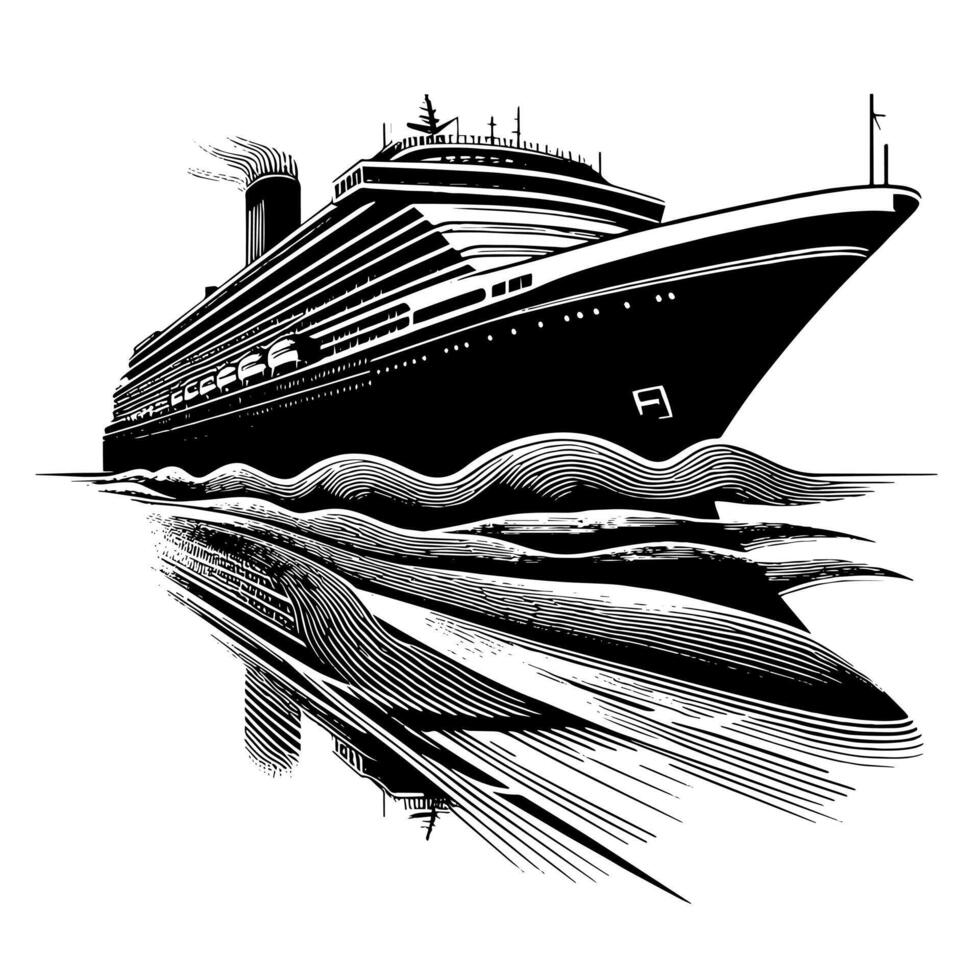 Black and White Illustration of a ocean liner at the sea vector