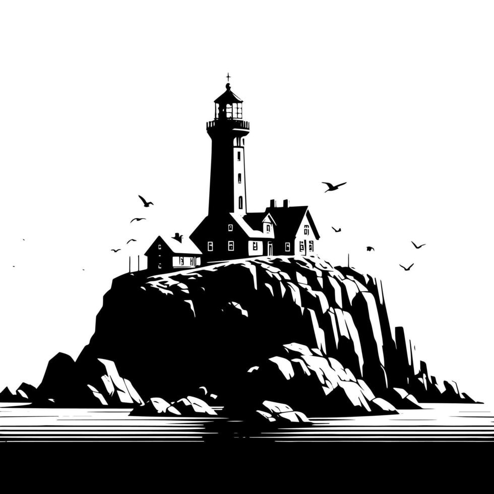 negro y blanco ilustración de un tradicional antiguo faro en el rocas vector