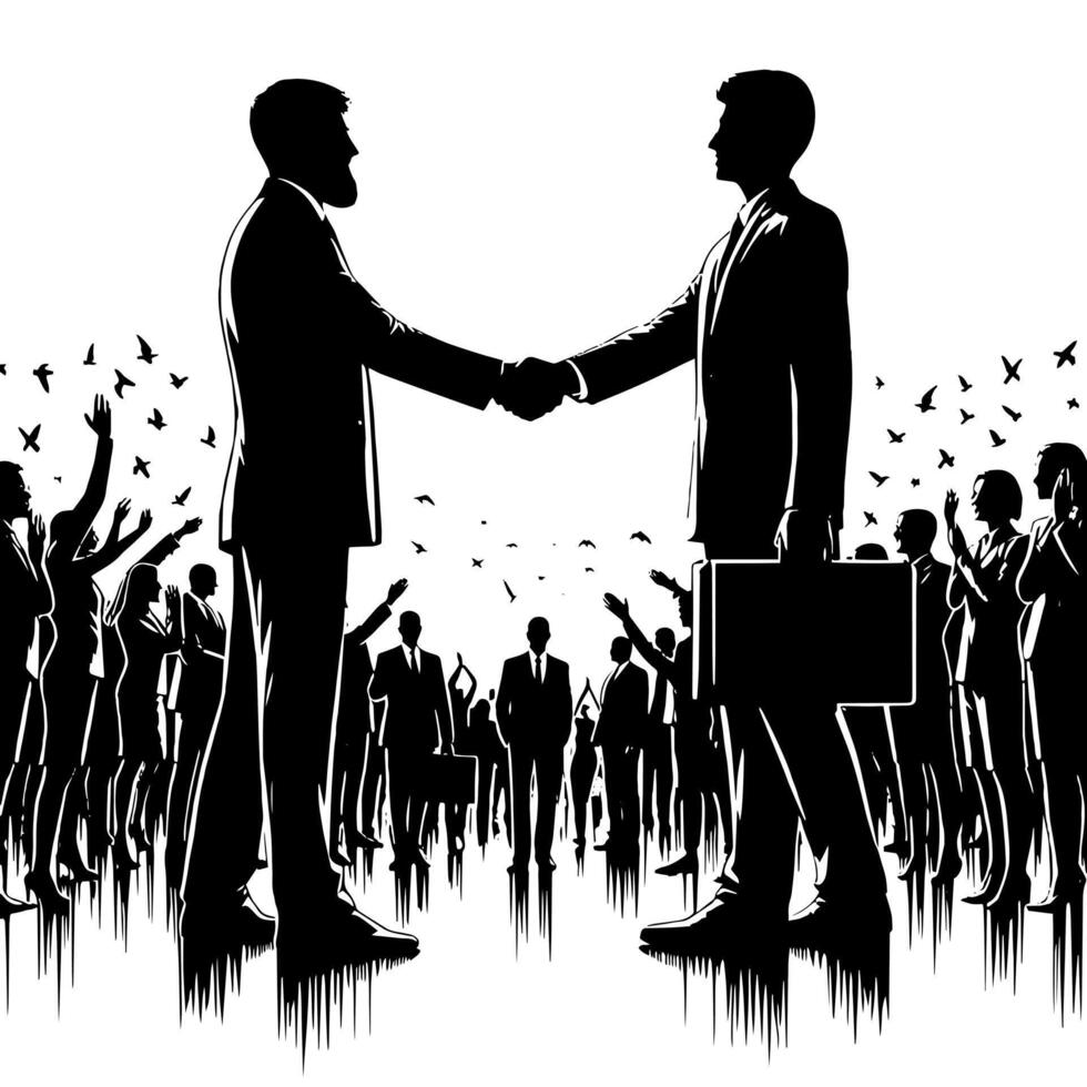 Black and white Illustration of a Handshake bewtween two Business Men in Suits vector