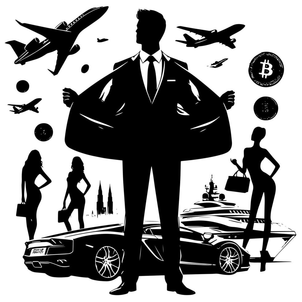 Black and white Illustration of a successful Business Man with Money Cars Girls and Luxus vector