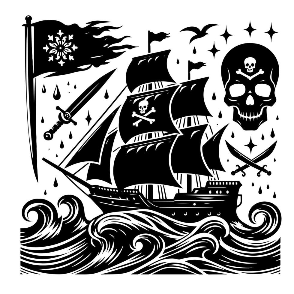 Black and White Illustration of pirate ship vector