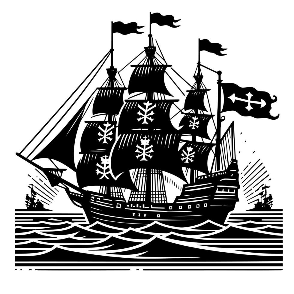 Black and White Illustration of pirate ship vector