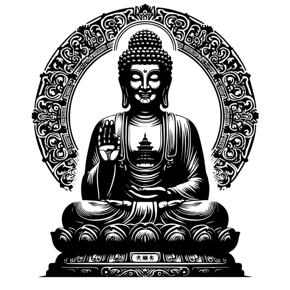 Black and White Illustration of a Buddha Statue Symbol vector