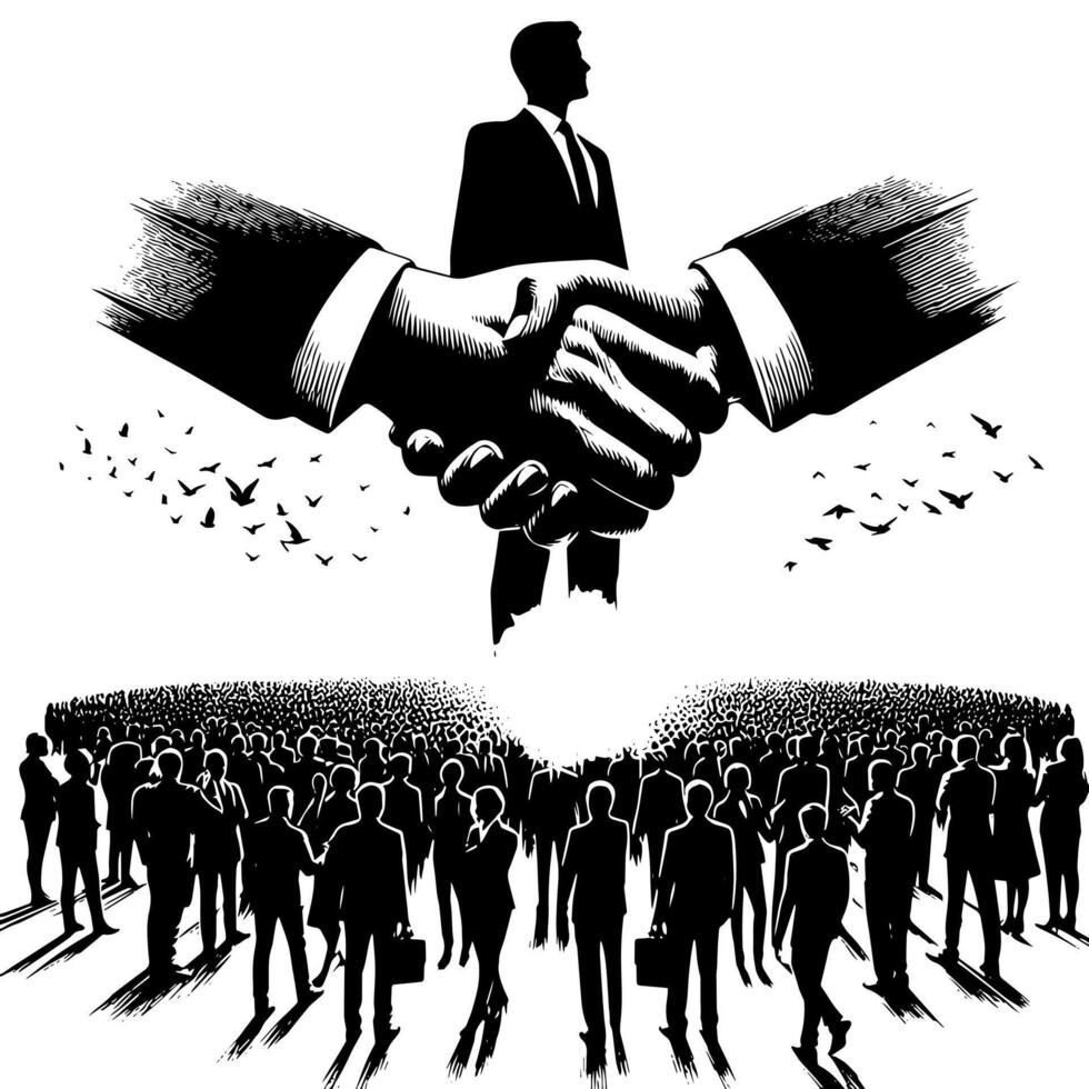 Black and white Illustration of a Handshake bewtween two Business Men in Suits vector