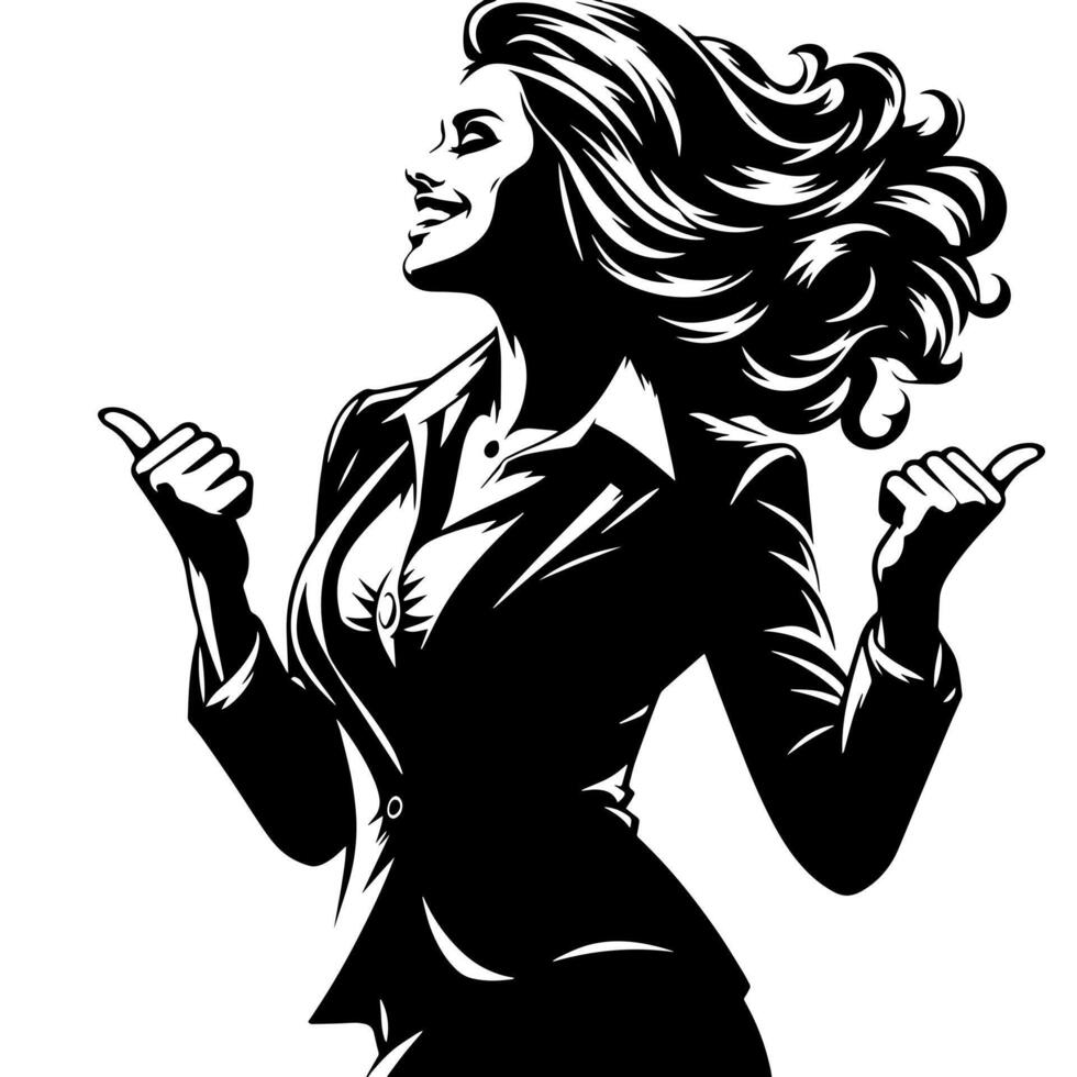 Black and White Illustration of a Woman in Business Suit is dancing and shaking in a Successful Pose vector