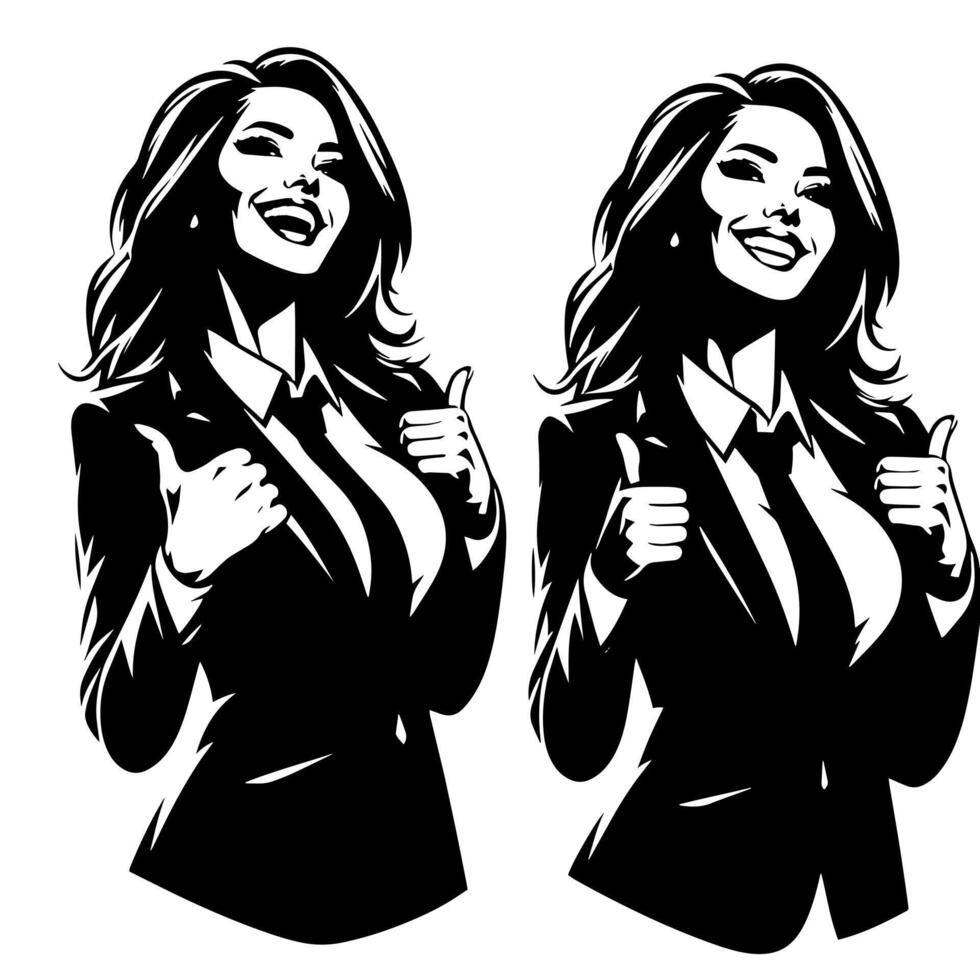 Black and White Illustration of a Woman in Business Suit is dancing and shaking in a Successful Pose vector