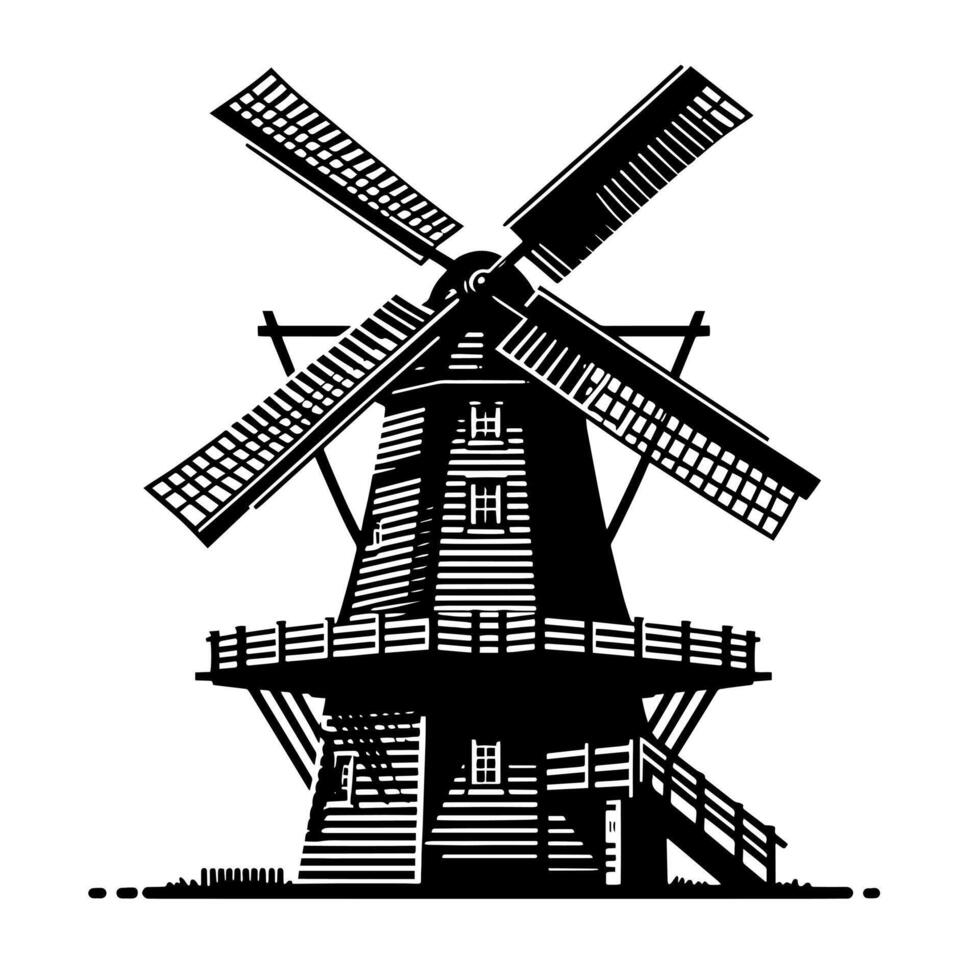 Black and White Illustration of a traditional old Windmill in Holland vector