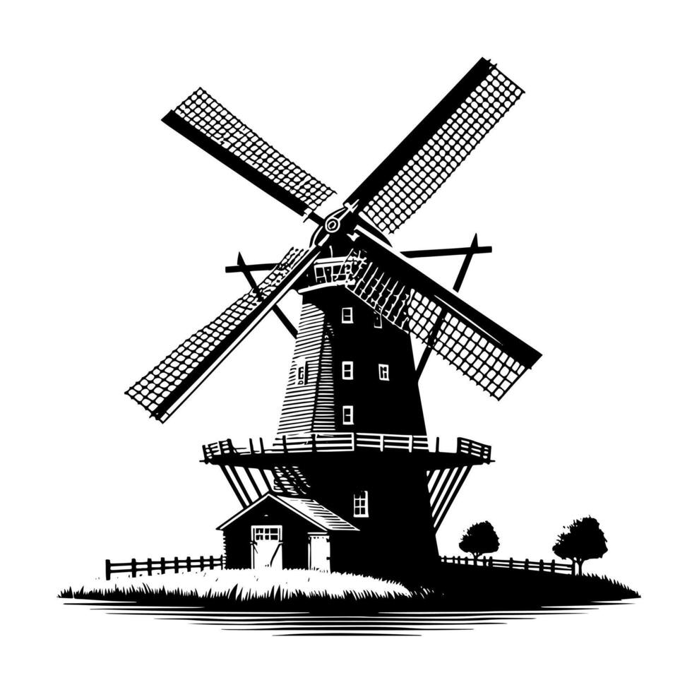 negro y blanco ilustración de un tradicional antiguo molino en Holanda vector