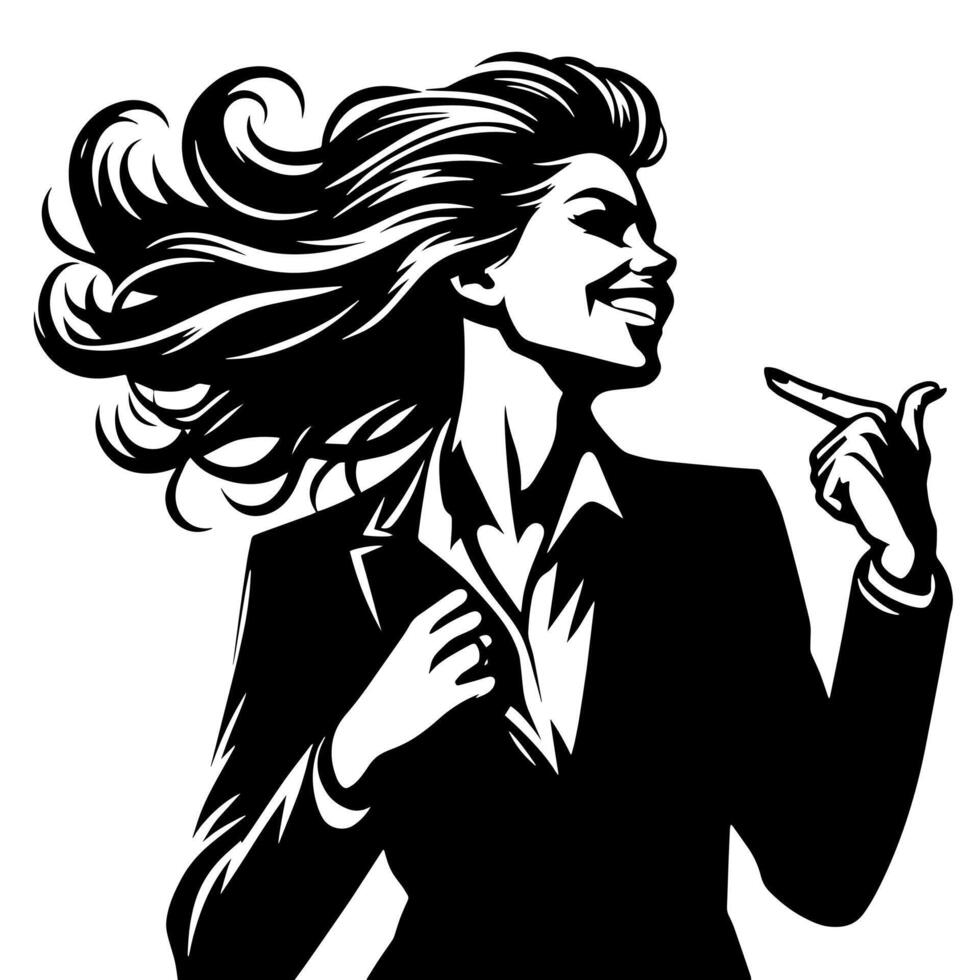 Black and White Illustration of a Woman in Business Suit is dancing and shaking in a Successful Pose vector