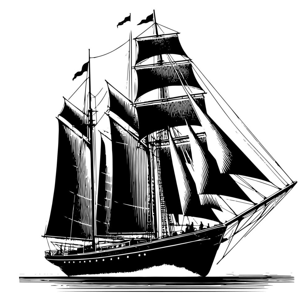 Black and White Illustration of a traditional old sailing ship vector